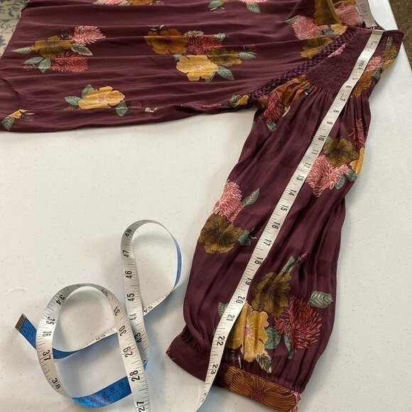 LOFT Burgundy Floral Long Sleeve Key Hole Back Blouse Ruched Crochet Lace Flowy - Picture 10 of 15